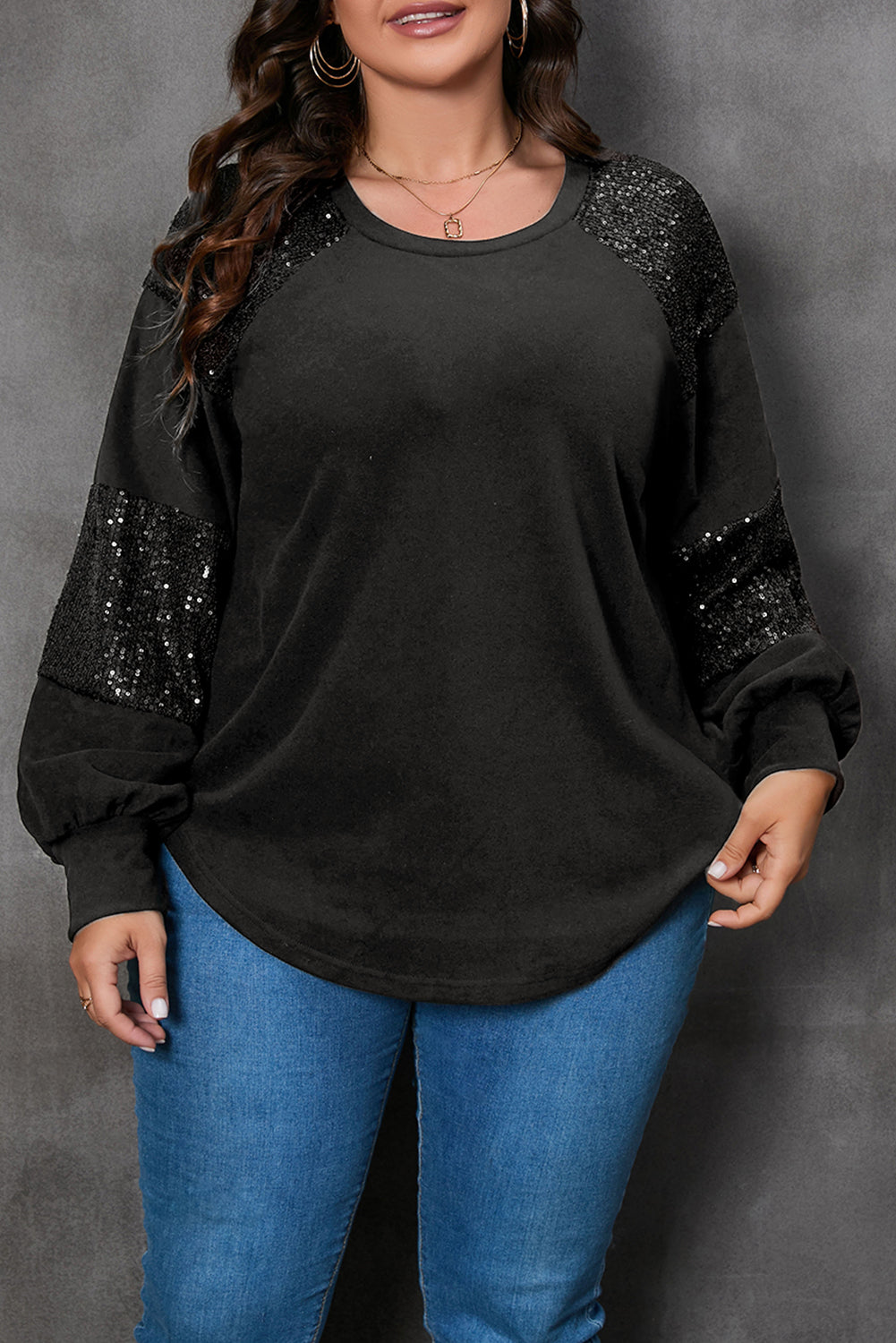 Black Sequin Patchwork Crew Neck Long Sleeve Top