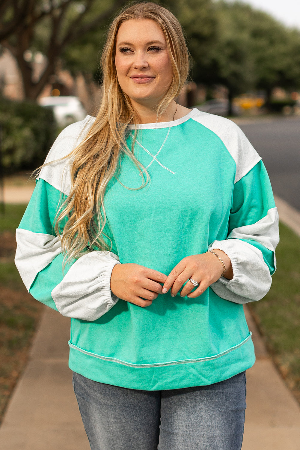 Aruba Blue Colorblock Patchwork Cross Seam Sweatshirt