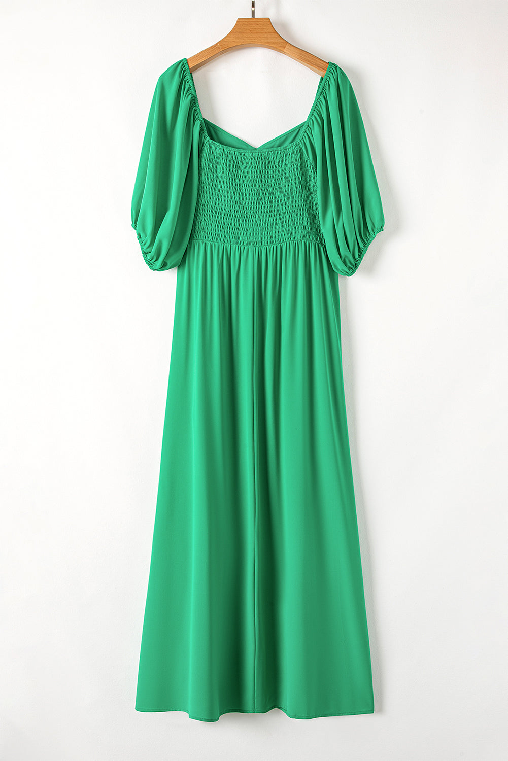 Bright Green Ruched Front Puff Sleeve Long Dress