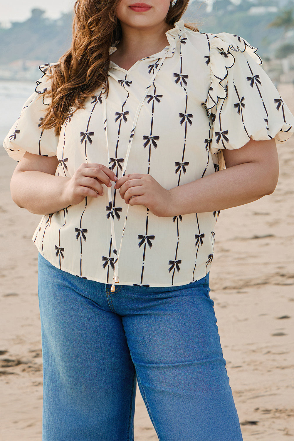 Apricot Bow Printed Ruffled Bubble Sleeve Lace-up Notched Neck Blouse