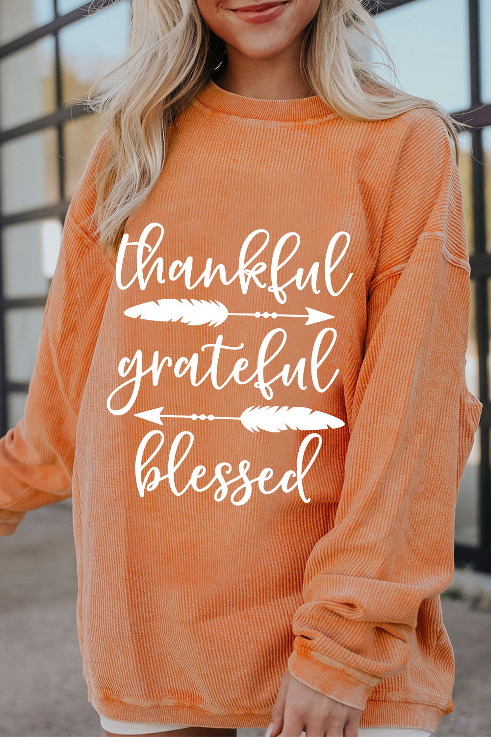 Orange thankful grateful blessed Arrow Graphic Corded Sweatshirt (Extended Sizes)