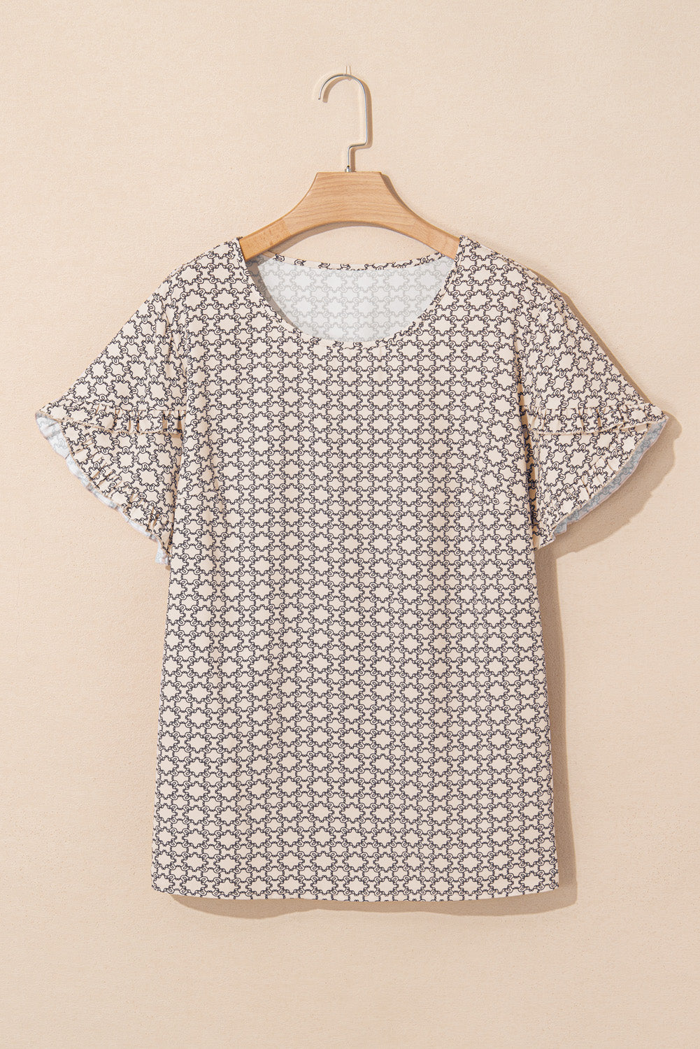 Khaki Geometric Print Ruffled Sleeve Blouse