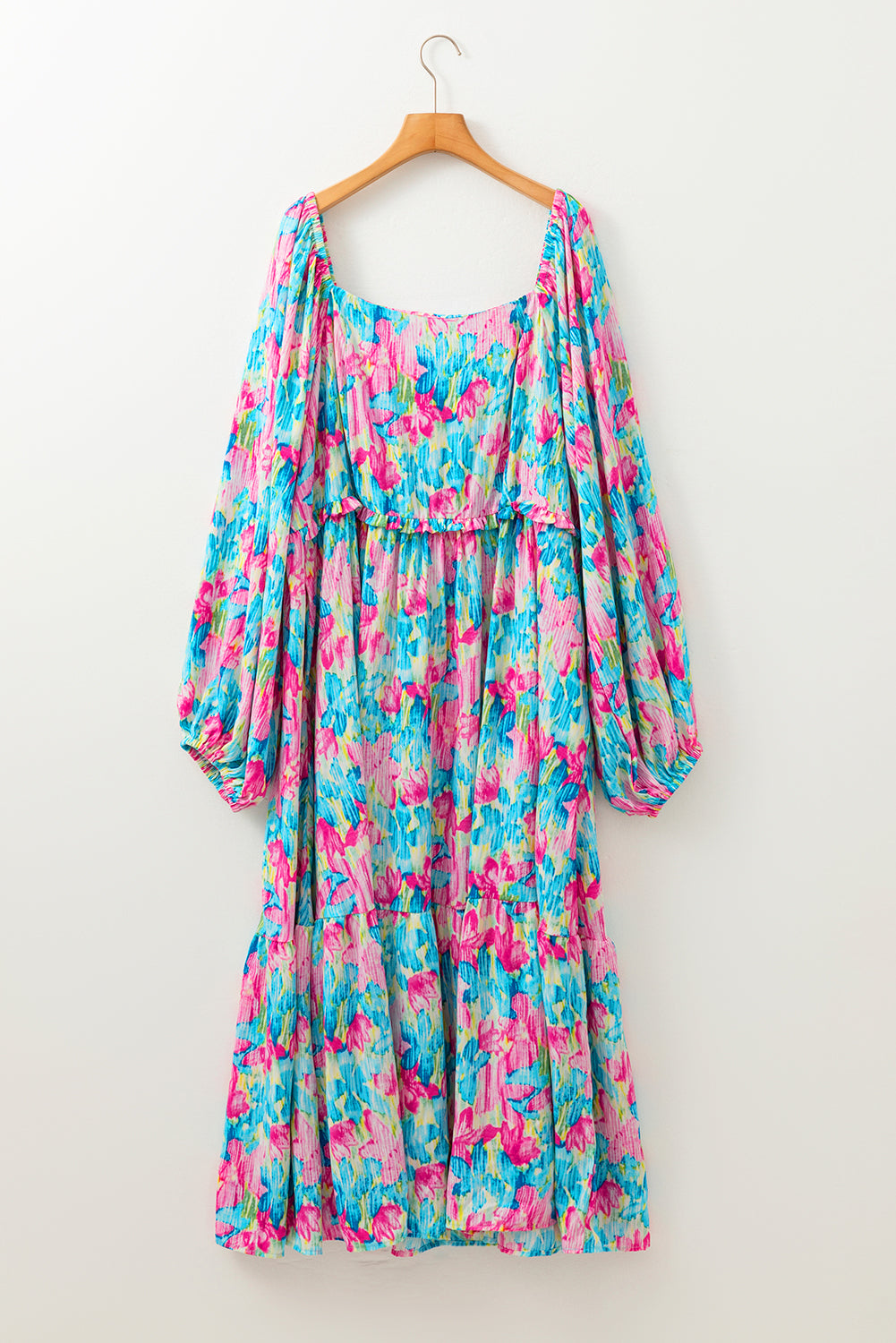 Sky Blue Floral Allover Print Shirred Square Neck Maxi Dress