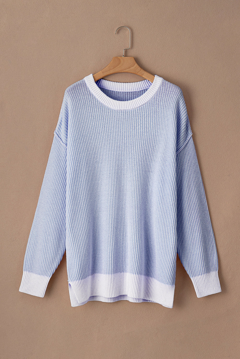Blue Stripe Contrast Trim Crew Neck Rib Knit Drop Shoulder Sweater