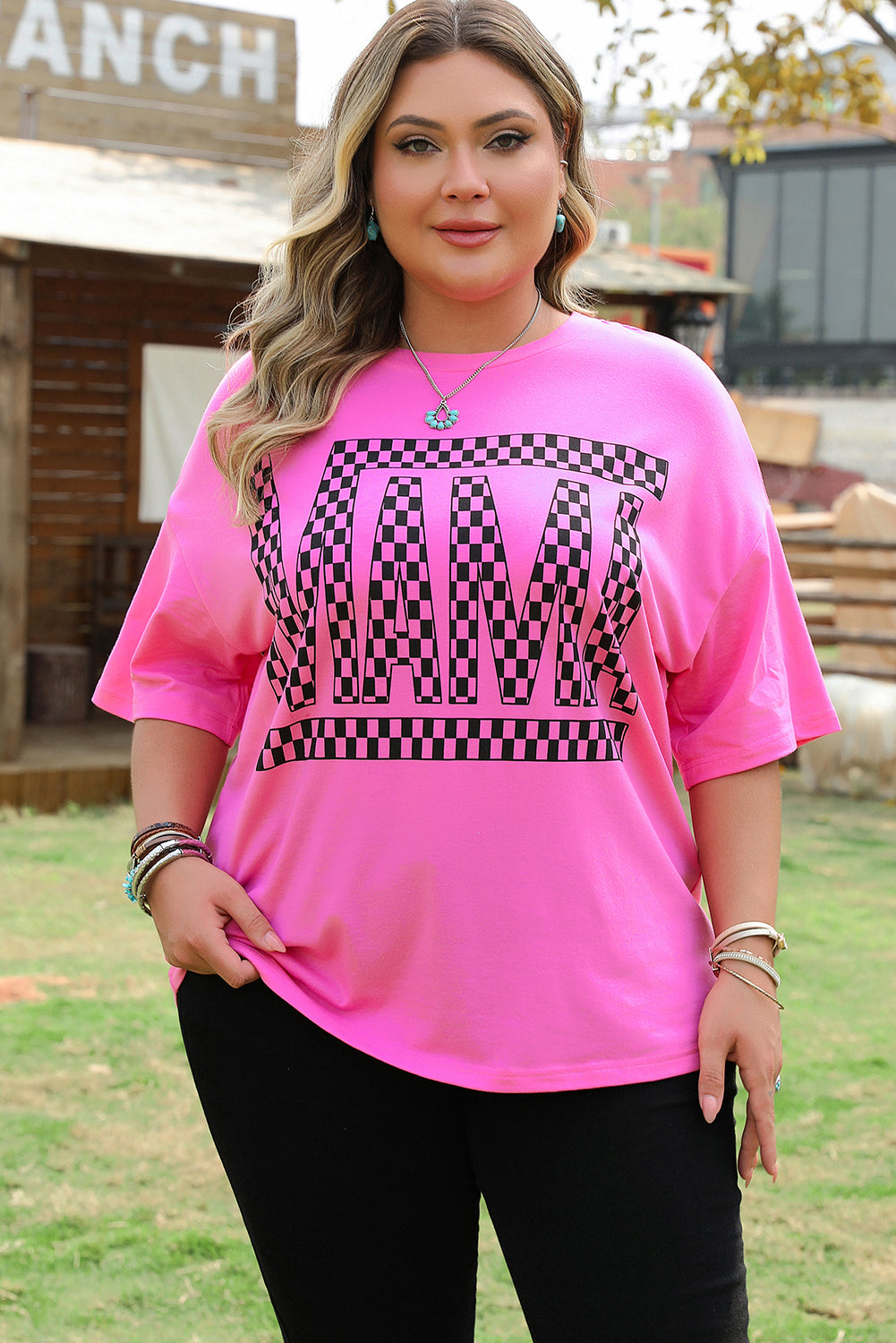Bright Pink Checker MAMA Letter Printed Graphic T-Shirt