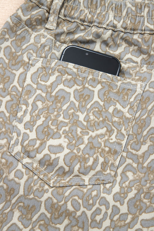 Khaki Raw Edge Leopard Print Denim Shorts