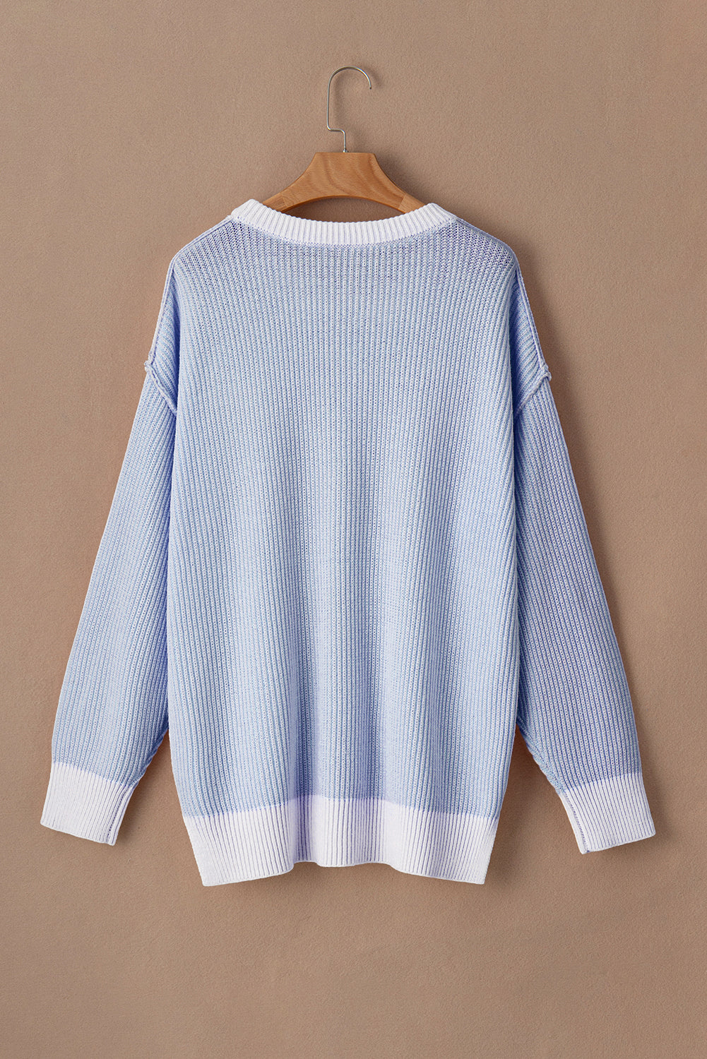 Blue Stripe Contrast Trim Crew Neck Rib Knit Drop Shoulder Sweater