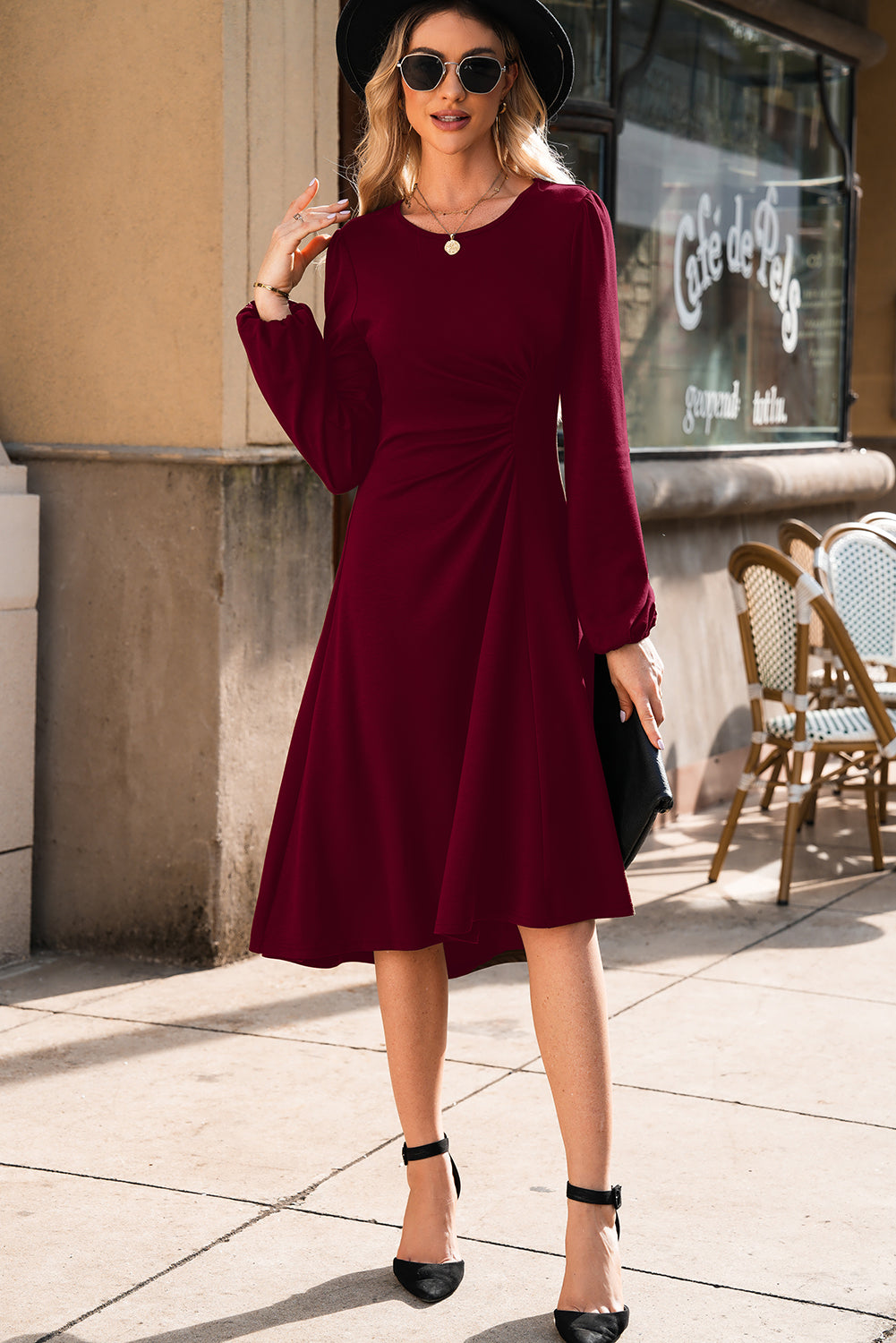 Burgundy Solid Color Ruched Detail Long Sleeve Midi Dress (Extended Sizes)