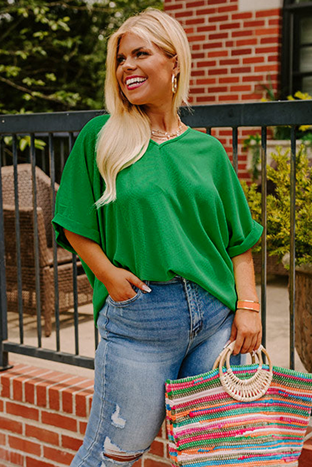 Green Seamed Back High Low Hem V Neck Cuffed Sleeve Tee