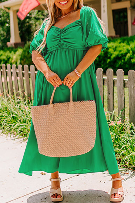 Bright Green Ruched Front Puff Sleeve Long Dress