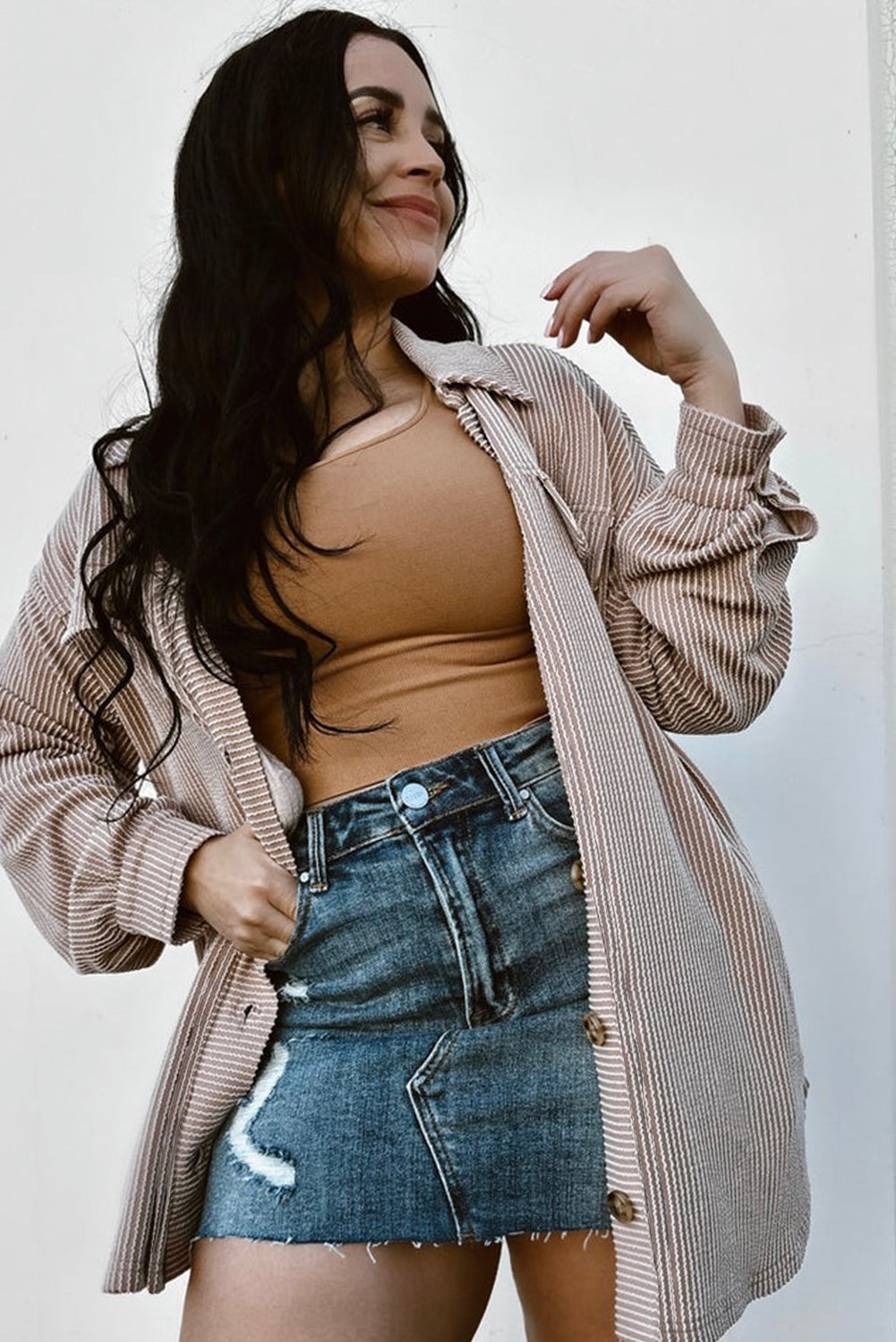 Smoke Gray Solid Corded Drop Shoulder Shacket