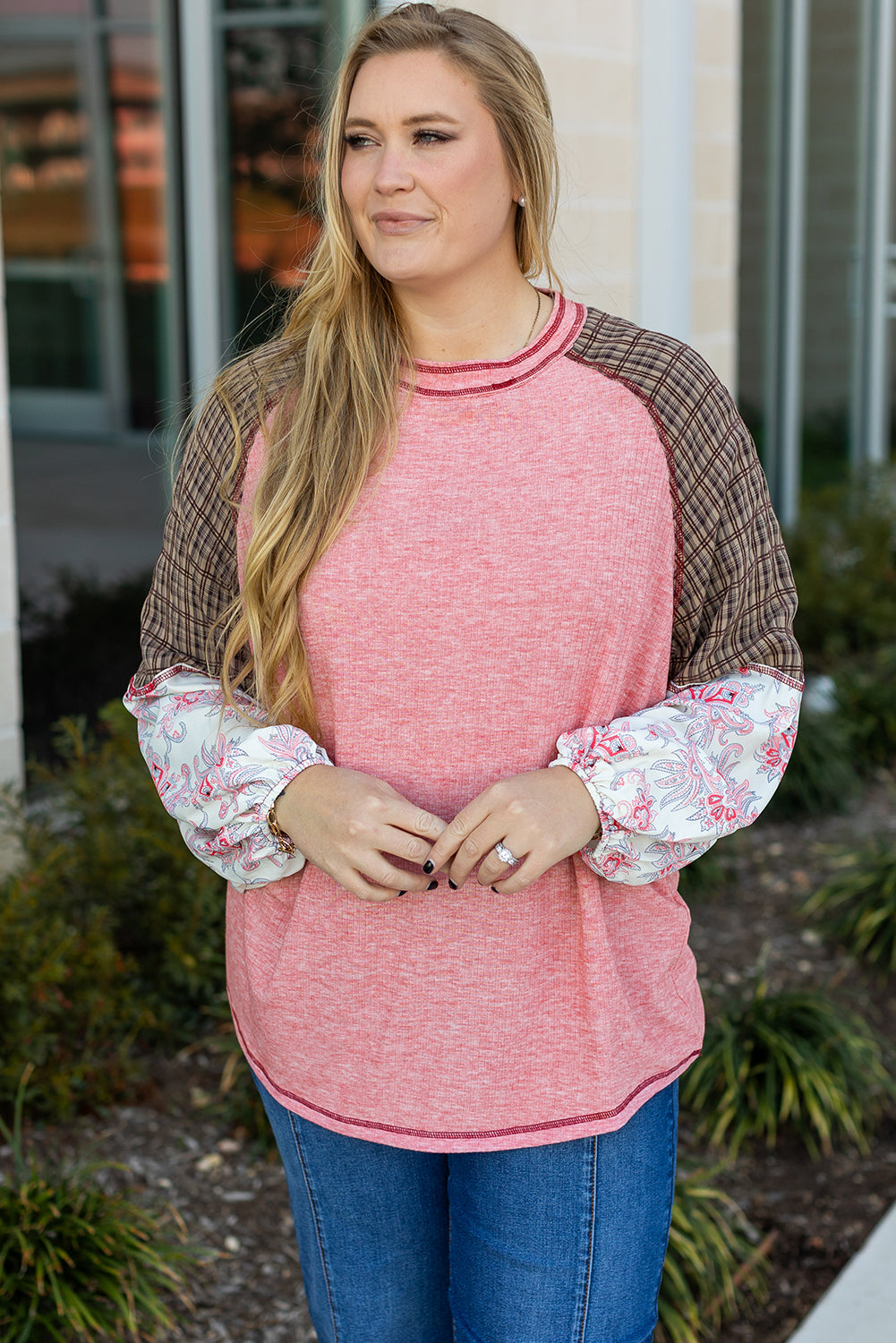 Pink Checkered Paisley Patchwork Raglan Sleeve Seamed Top