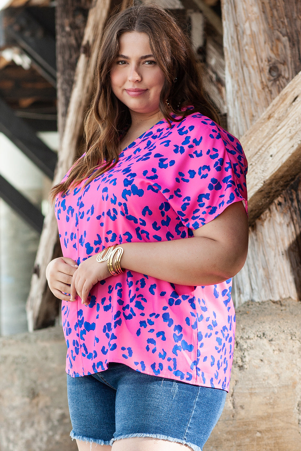 Rose Contrast Leopard Print V Neck Blouse