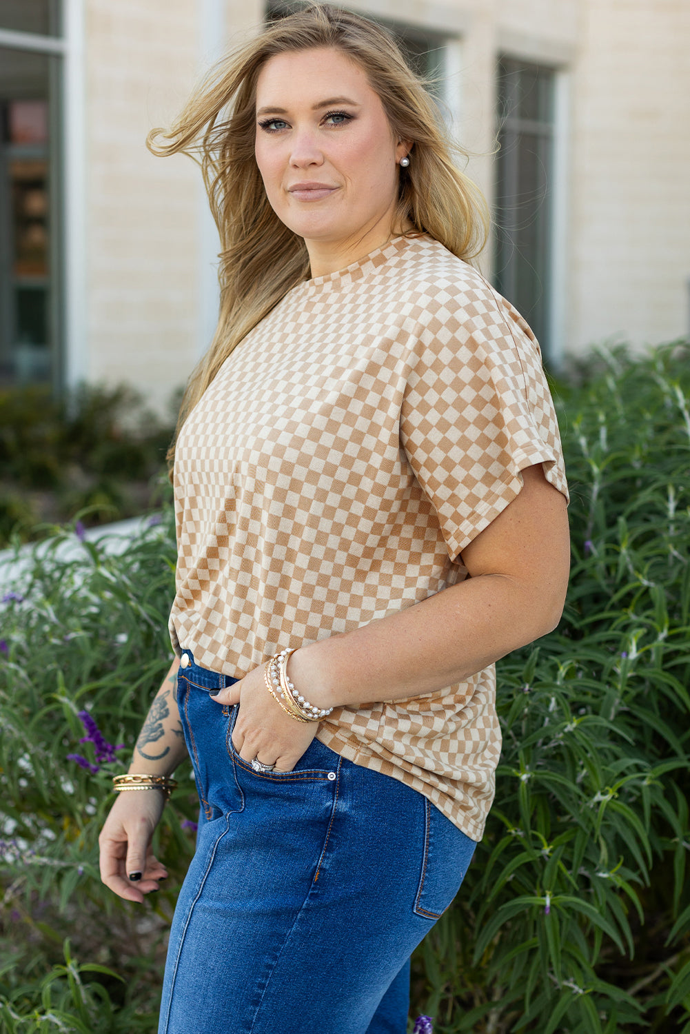 Khaki Checkerboard Short Batwing Sleeve Round Neck T Shirt