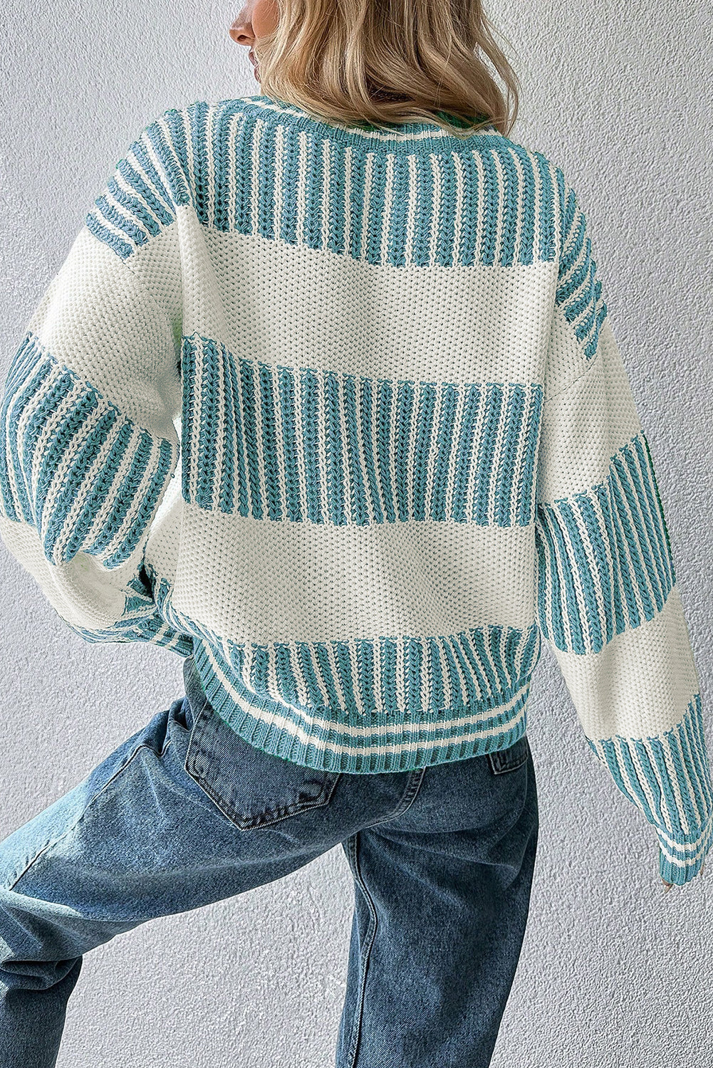 Two Tone Striped Patchwork Drop Shoulder Loose Sweater (Other Colors)