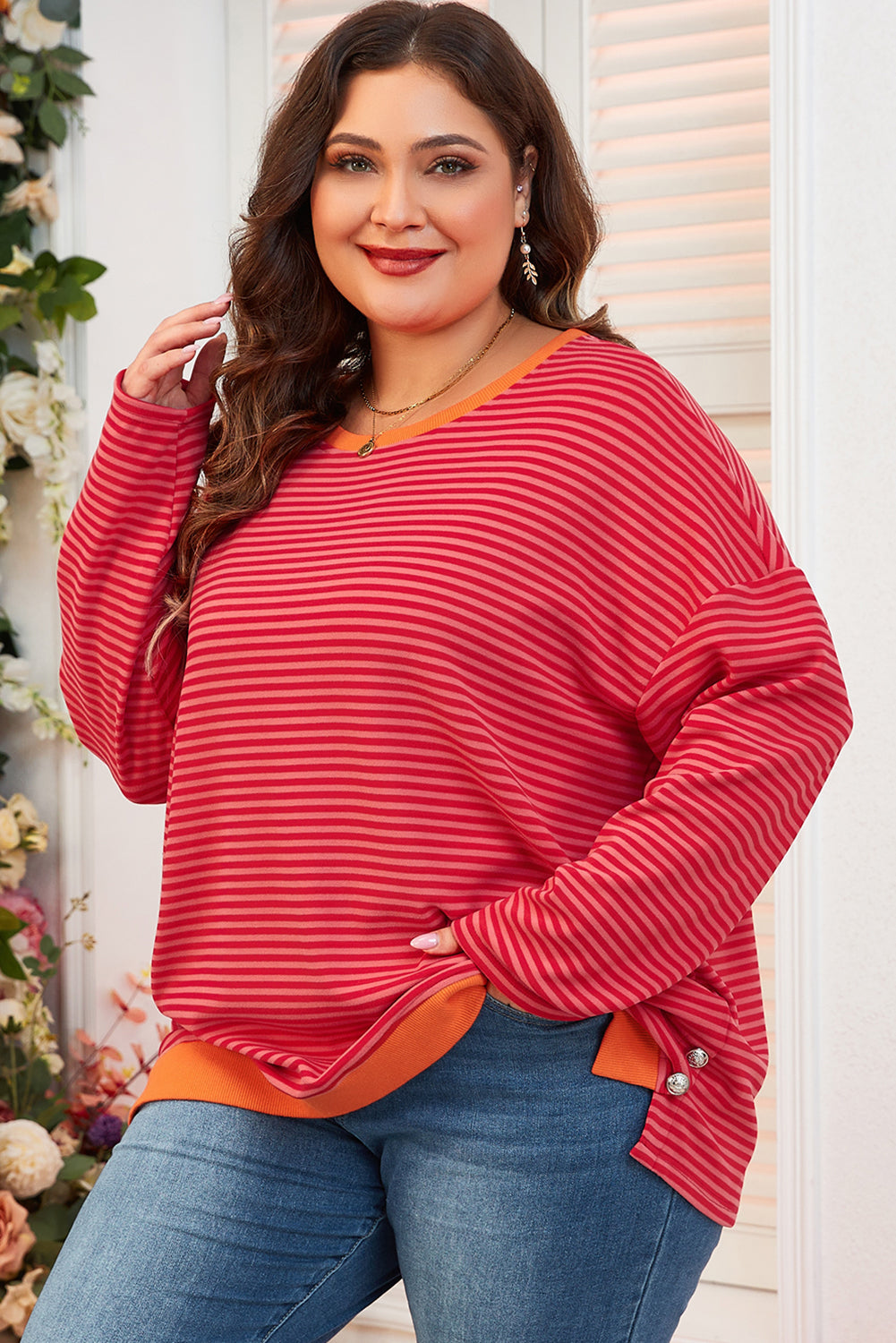 Orange Stripe Drop Shoulder Long Sleeve Buttoned Decor Top