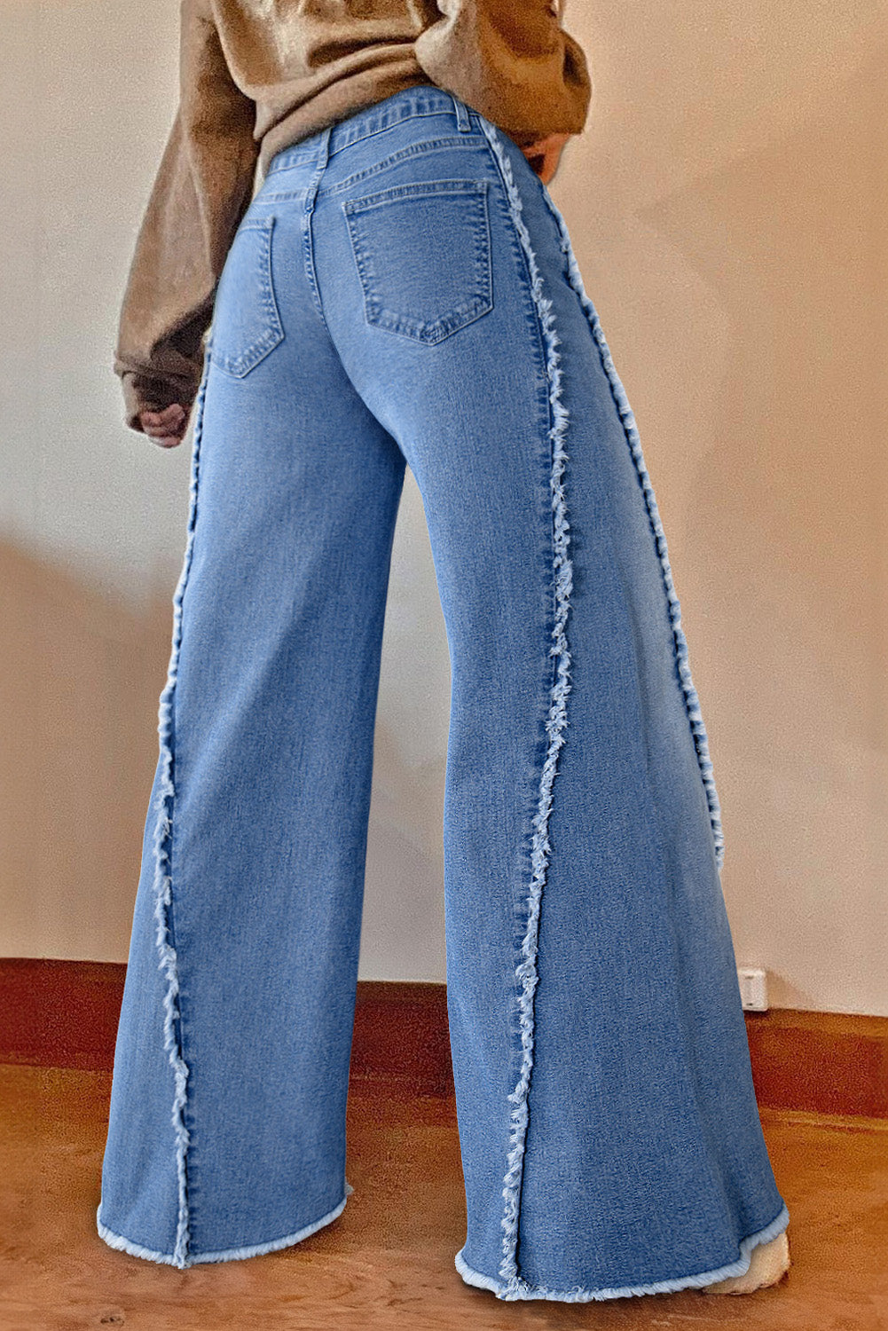 Beau Blue Vintage Stitching Raw Hem Flared Jeans (Extended Sizes)