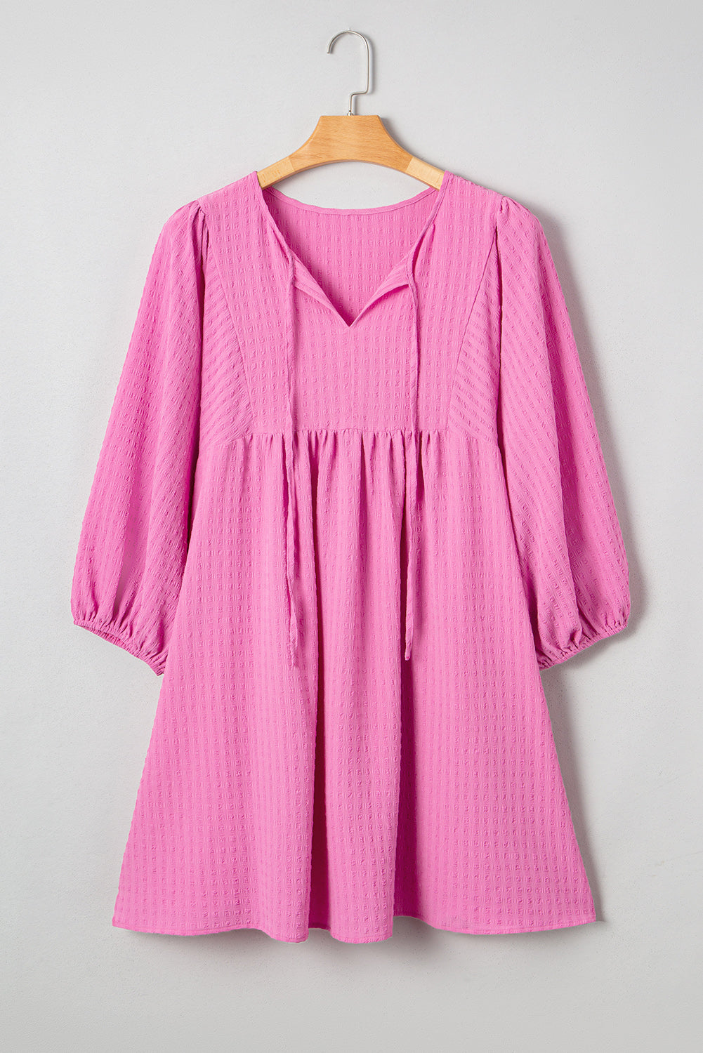 Sachet Pink Textured Tie Split Neck Puff Sleeve Flowy Mini Dress