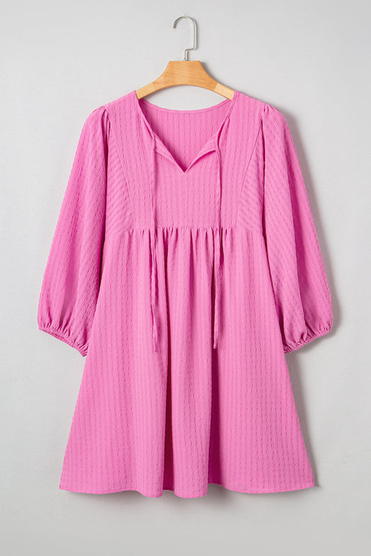 Sachet Pink Textured Tie Split Neck Puff Sleeve Flowy Mini Dress