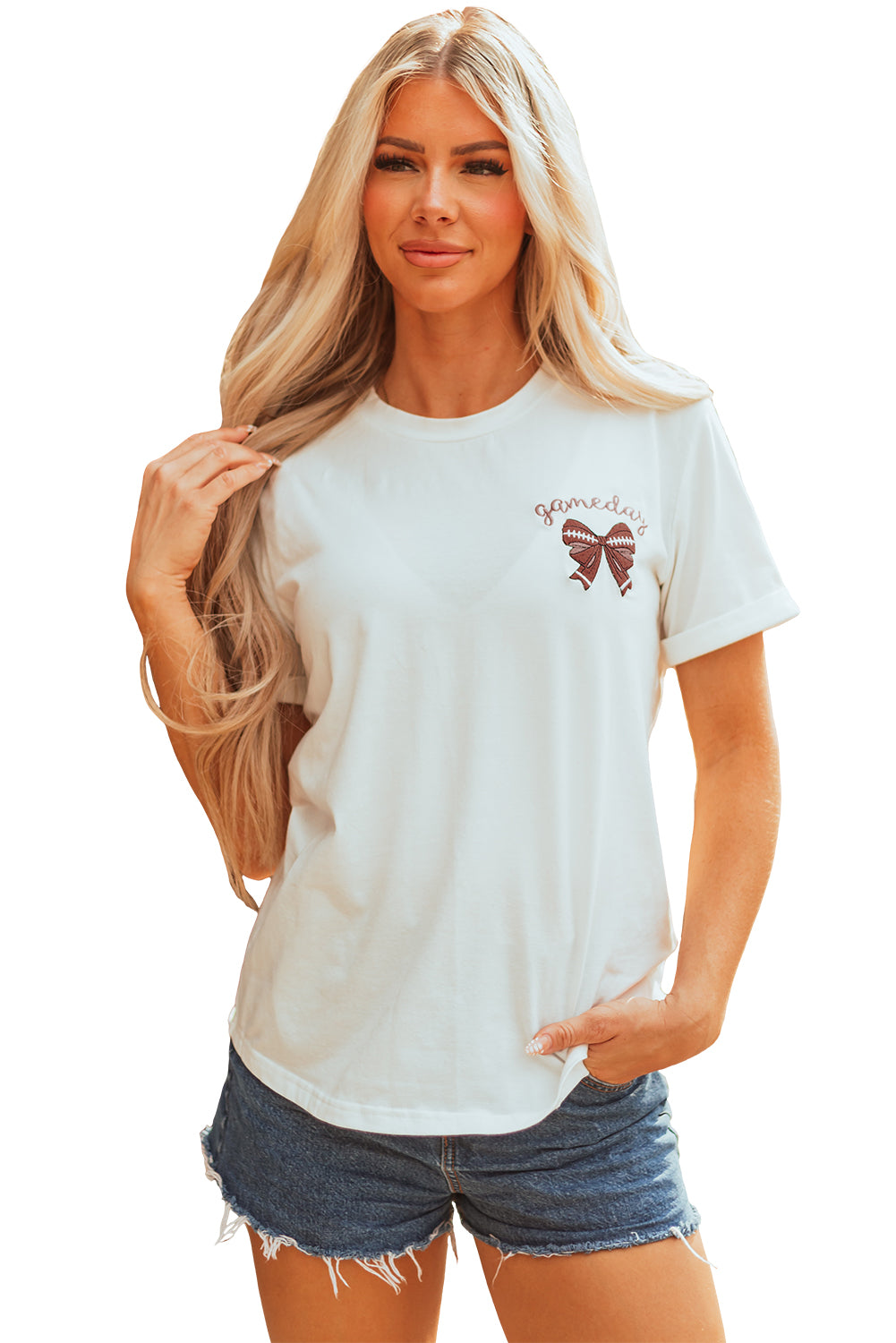 White Game Day Bowknot Embroidered Graphic Casual Tee (Extended Sizes)