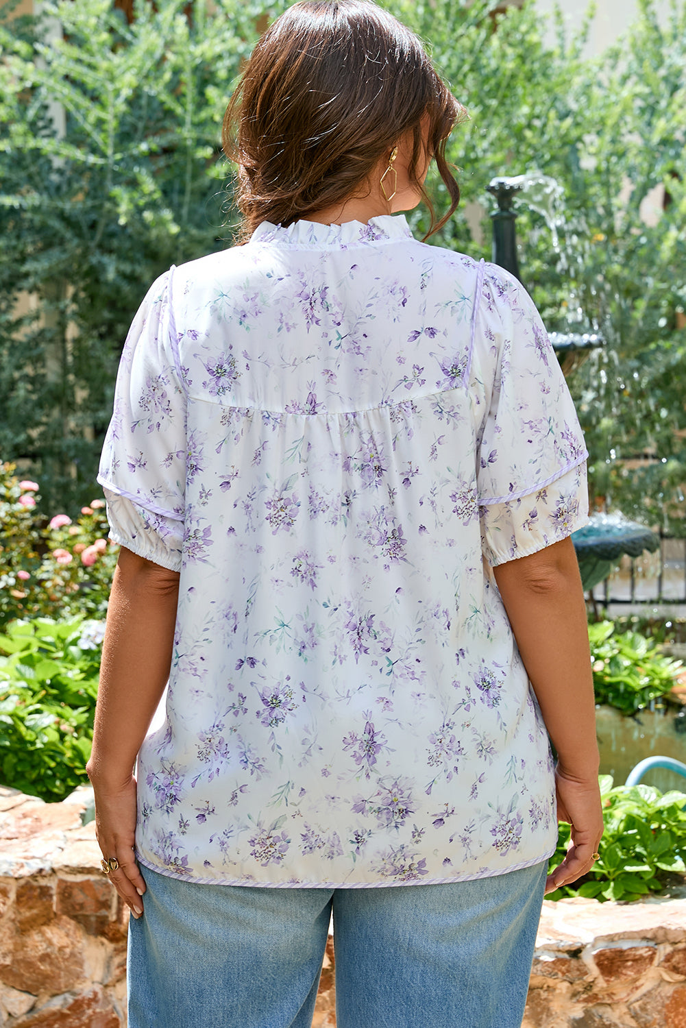 Purple Floral Trimmed Detail Split Neck Top