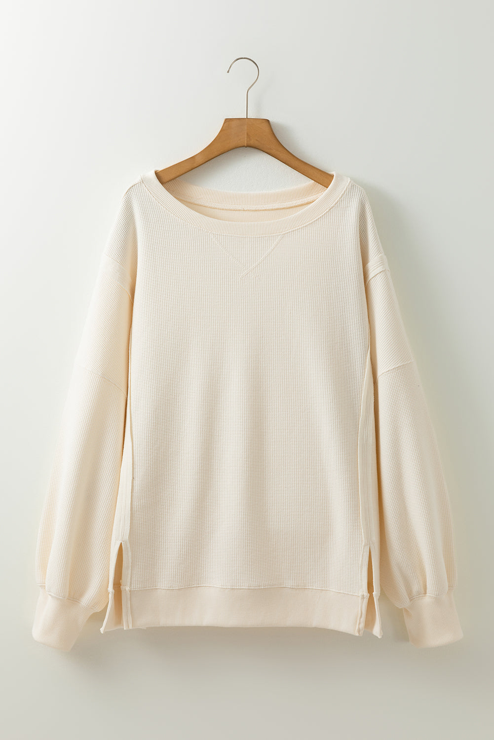 White Solid Color Waffle Knit Drop Shoulder Sweatshirt