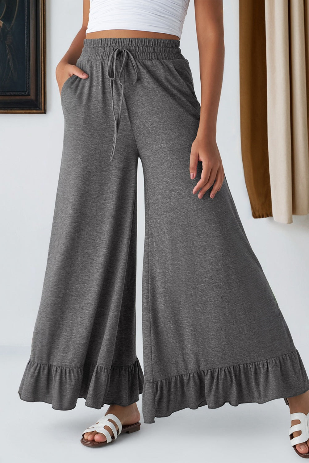 Ruffled Wide Leg Pull On High Waist Pants with Pockets (Other Colors)(Extended Sizes)
