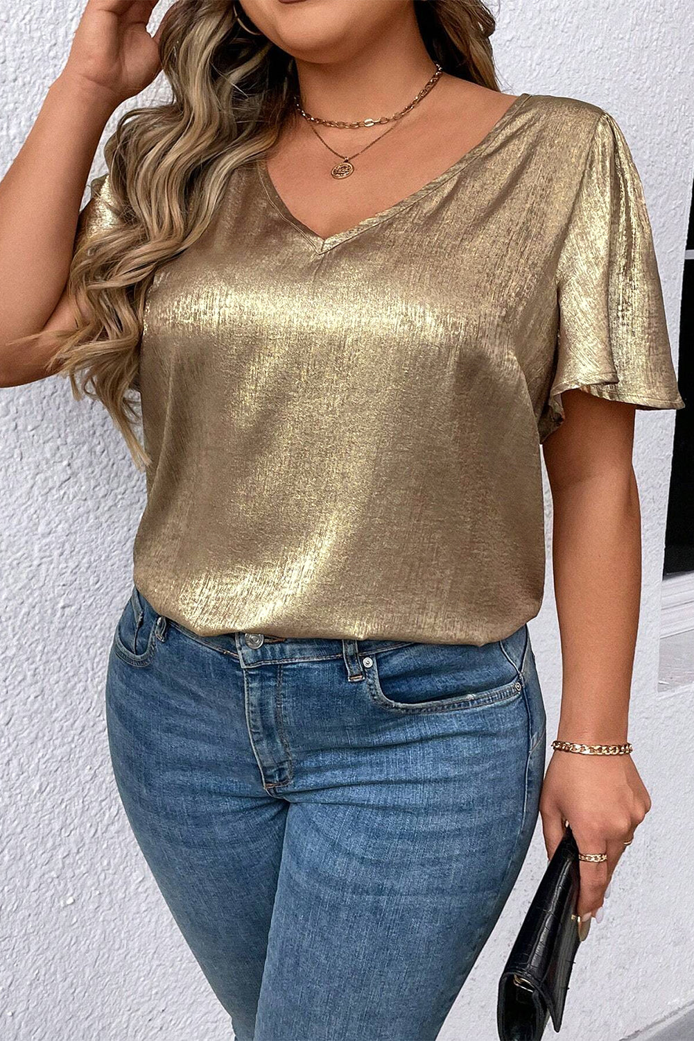 Gold Metallic V Neck Short Sleeve Blouse
