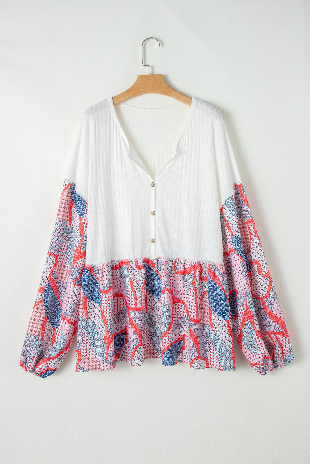 Apricot Printed Patchwork Textured Buttoned Blouse