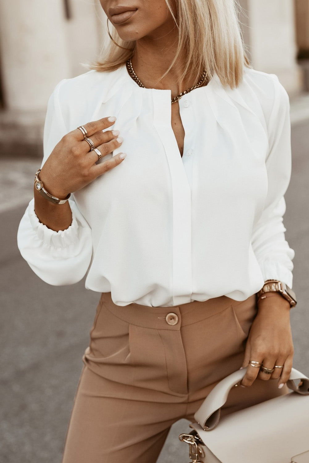 White Crew Neck Gathered Stretch Cuff Shirt (Extended Sizes)