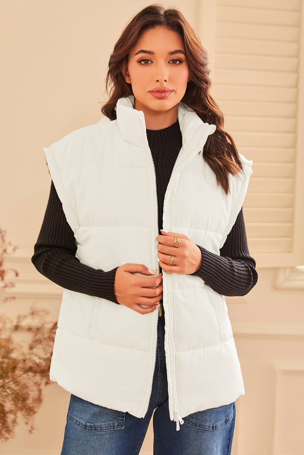 Beige Zipper Stand Neck Oversized Puffer Vest (Extended Sizes)
