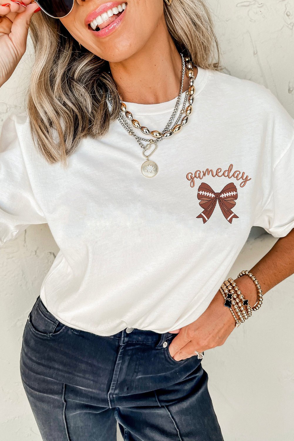 White Game Day Bowknot Embroidered Graphic Casual Tee (Extended Sizes)