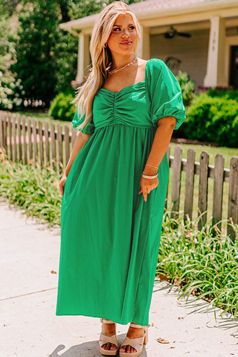 Bright Green Ruched Front Puff Sleeve Long Dress