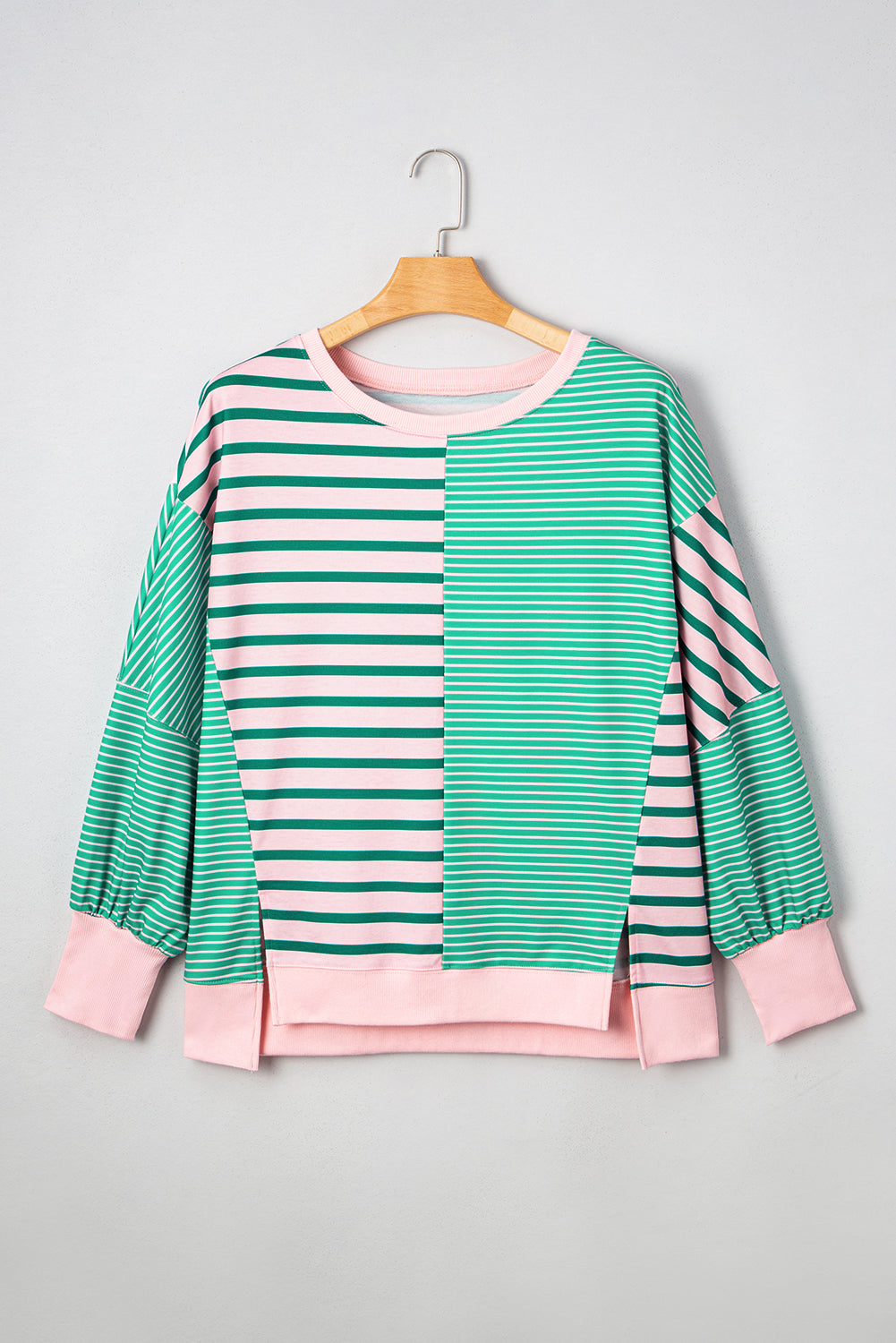 Green Stripe Color Block Exposed Seam Side Slit Sweatshirt