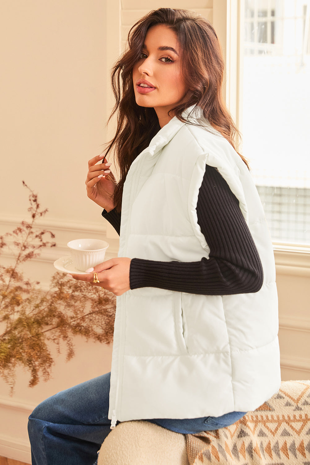 Beige Zipper Stand Neck Oversized Puffer Vest (Extended Sizes)