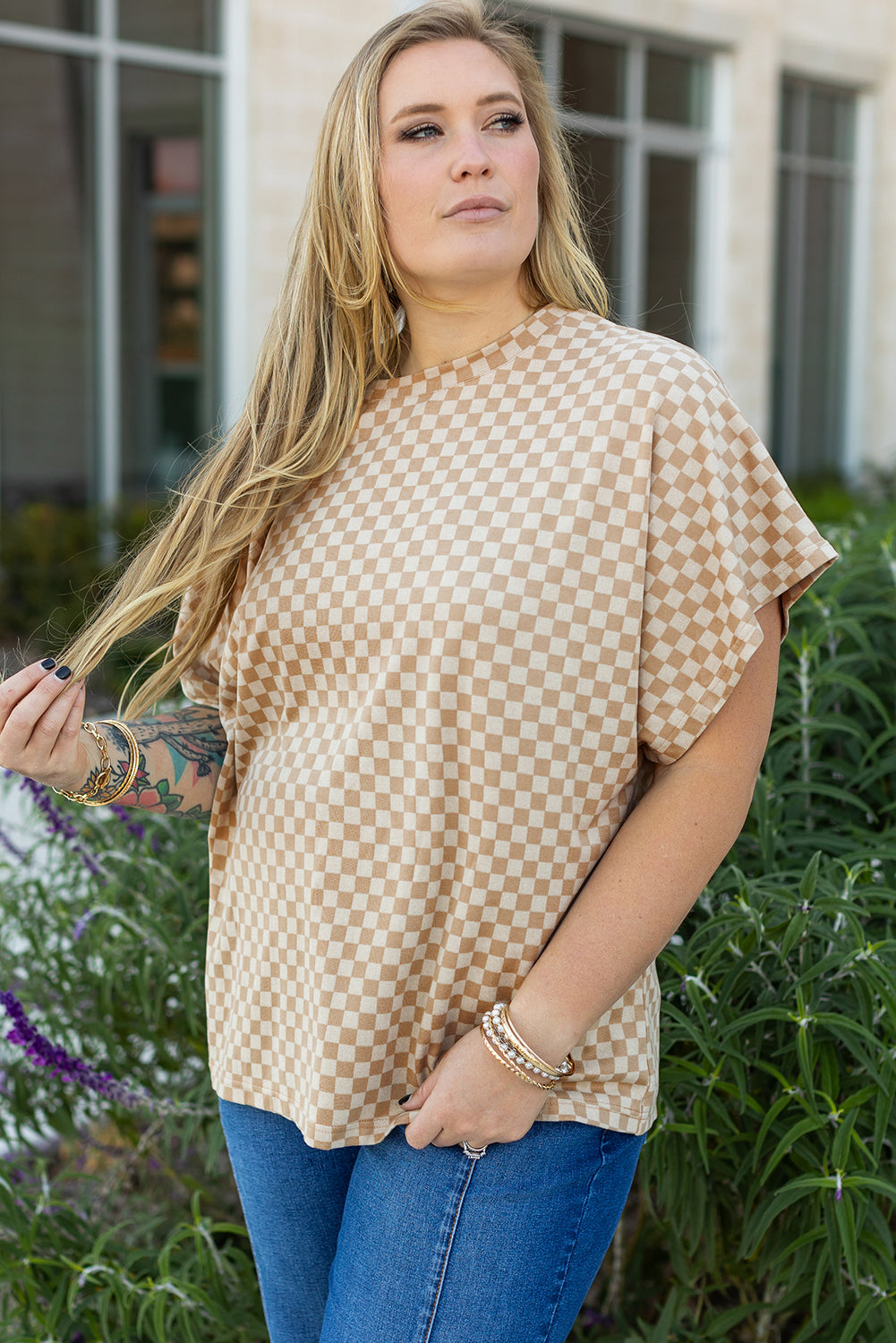 Khaki Checkerboard Short Batwing Sleeve Round Neck T Shirt