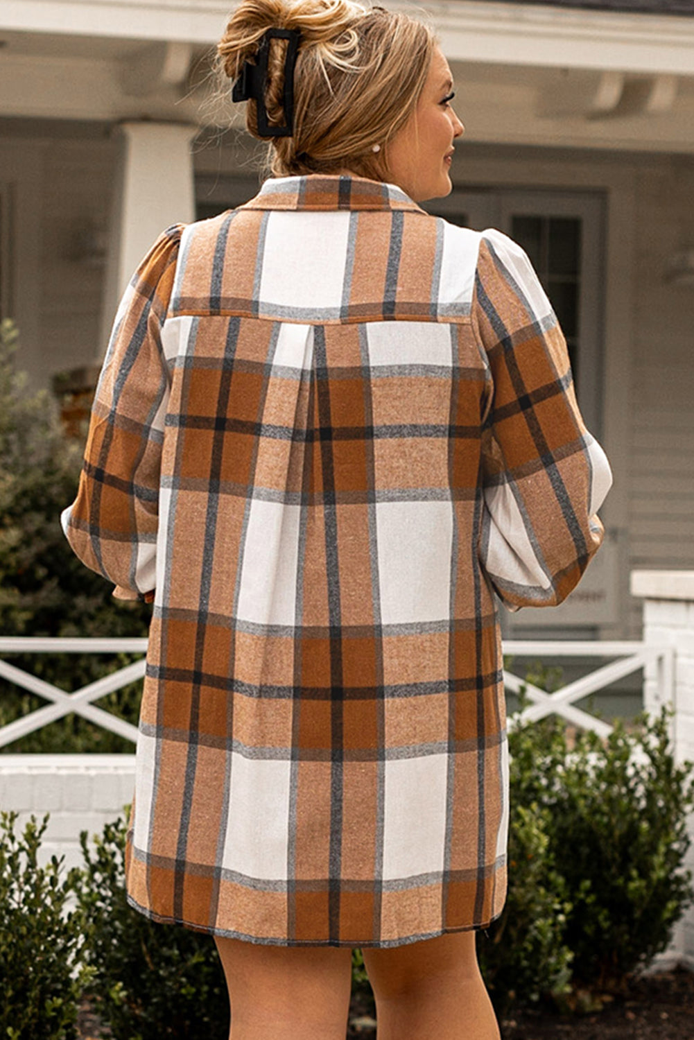 Khaki Plaid Flounce Sleeve Button up Shirt Dress