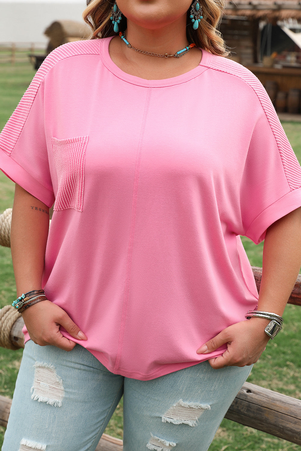 Bonbon Corded Patchwork Pocketed T Shirt
