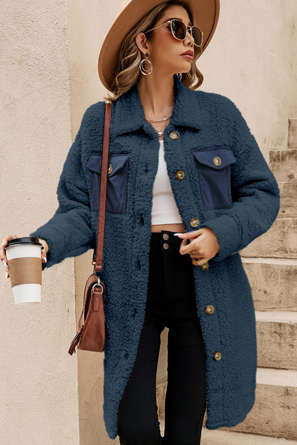 Blue Contrast Flap Pocket Single Breasted Teddy Coat (Extended Sizes)