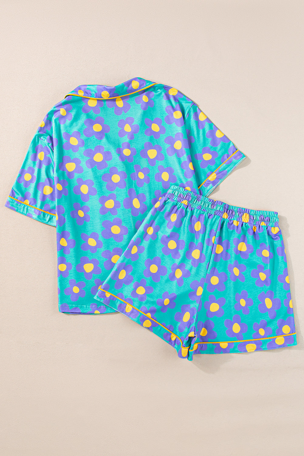 Green Flower Print Short Sleeve Shirt Pajamas Set (Extended Sizes)
