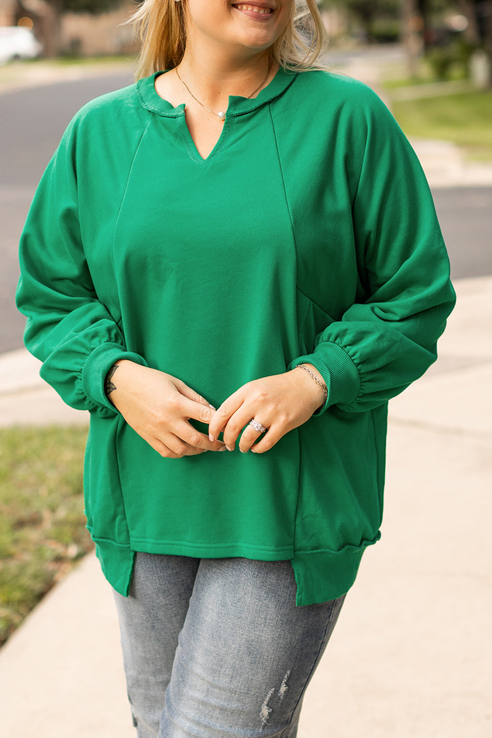 Bright Green Exposed Seam Notched Neck Drop Shoulder Sweatshirt