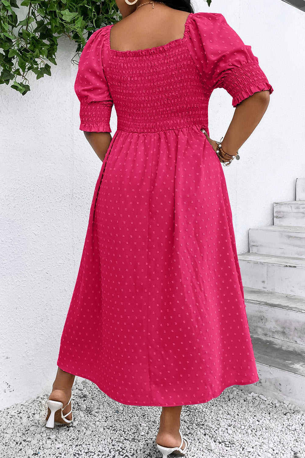 Sachet Pink Swiss Dot Smocked Frilled Neckline Short Sleeve Dress