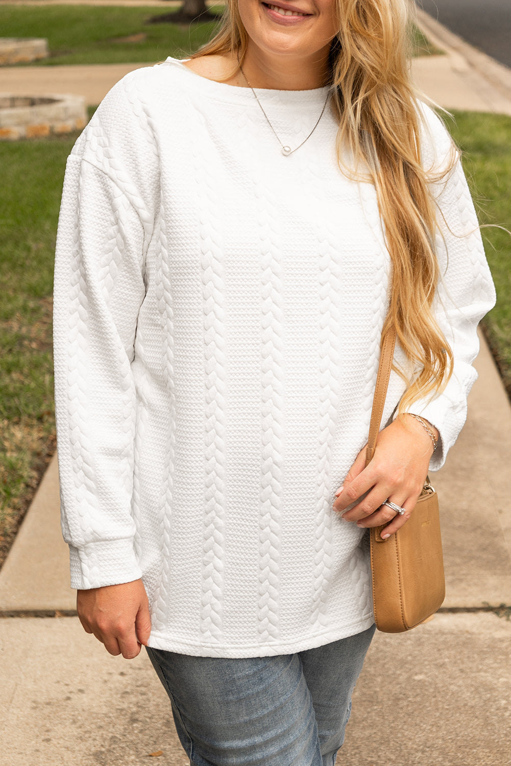 White Cable Textured Loose Sweatshirt