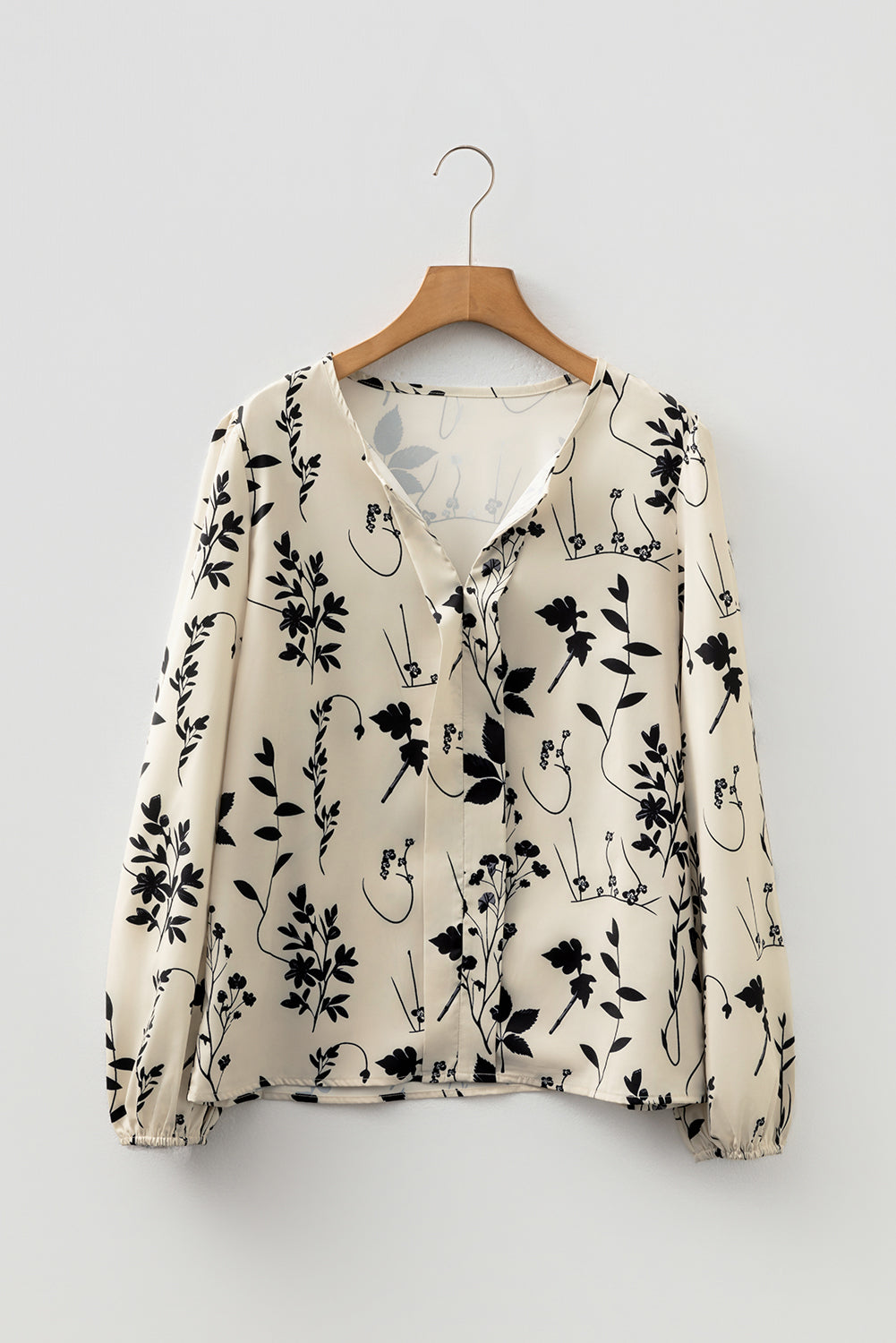 Botanical Floral Print Split Neck Long Sleeve Blouse