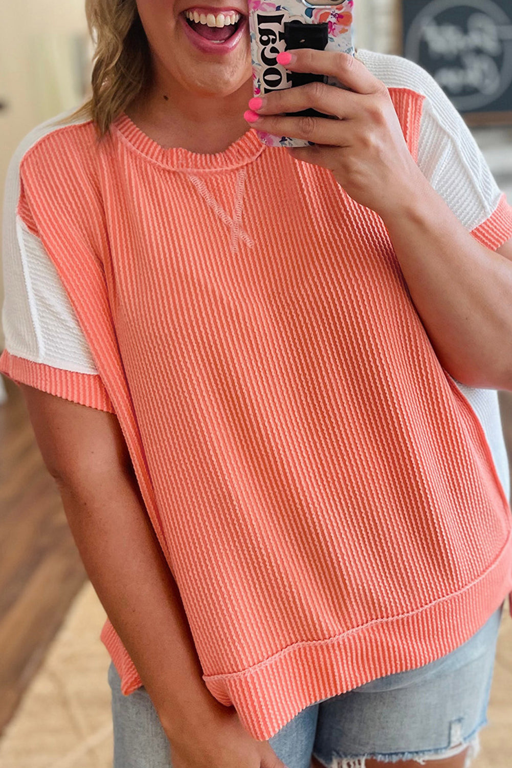 Carrot Twist Rib Colorblock Hi Low Short Sleeve Top