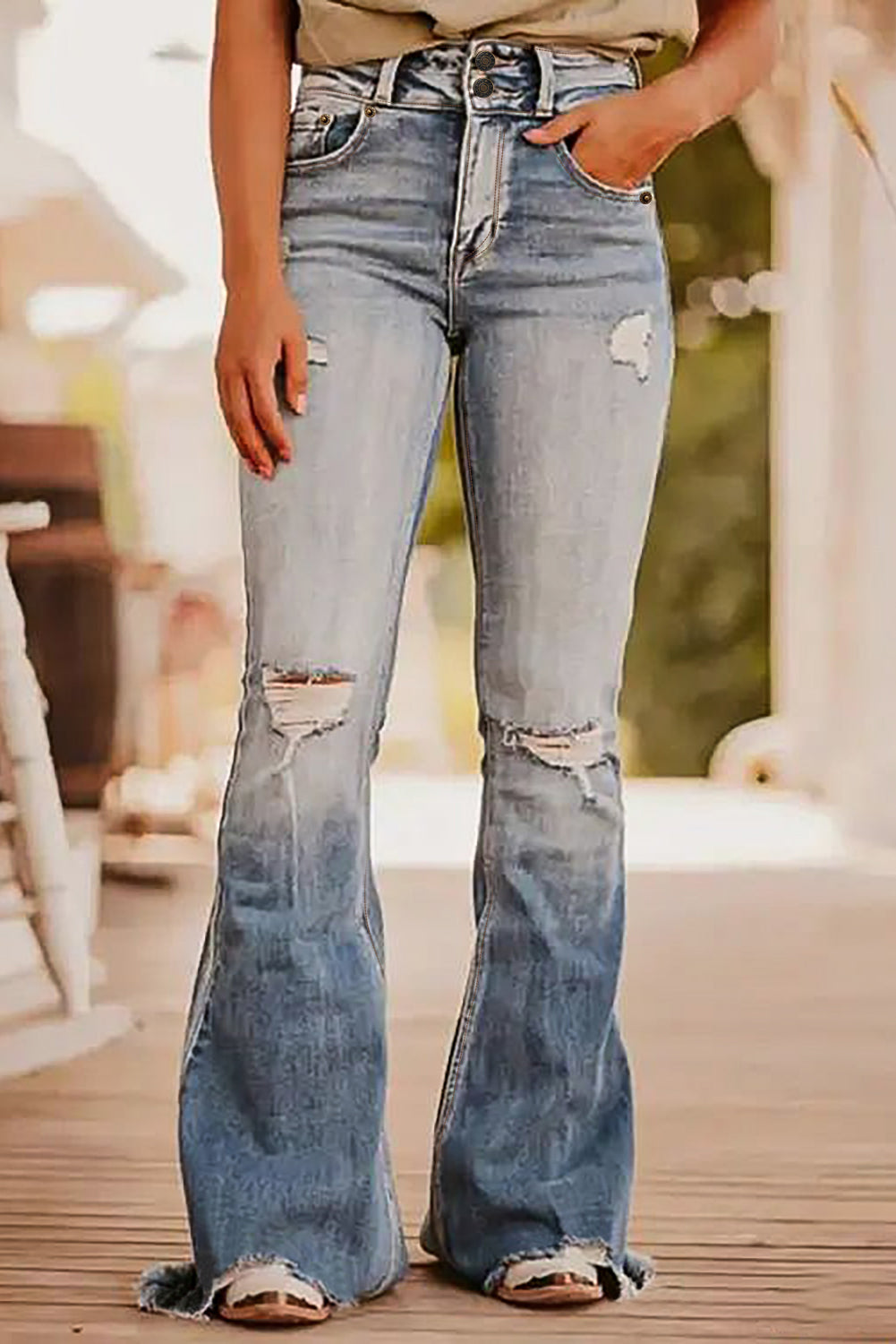 Dusk Blue Vintage Light Wash Ripped Raw Edge Flare Jeans (Extended Sizes)