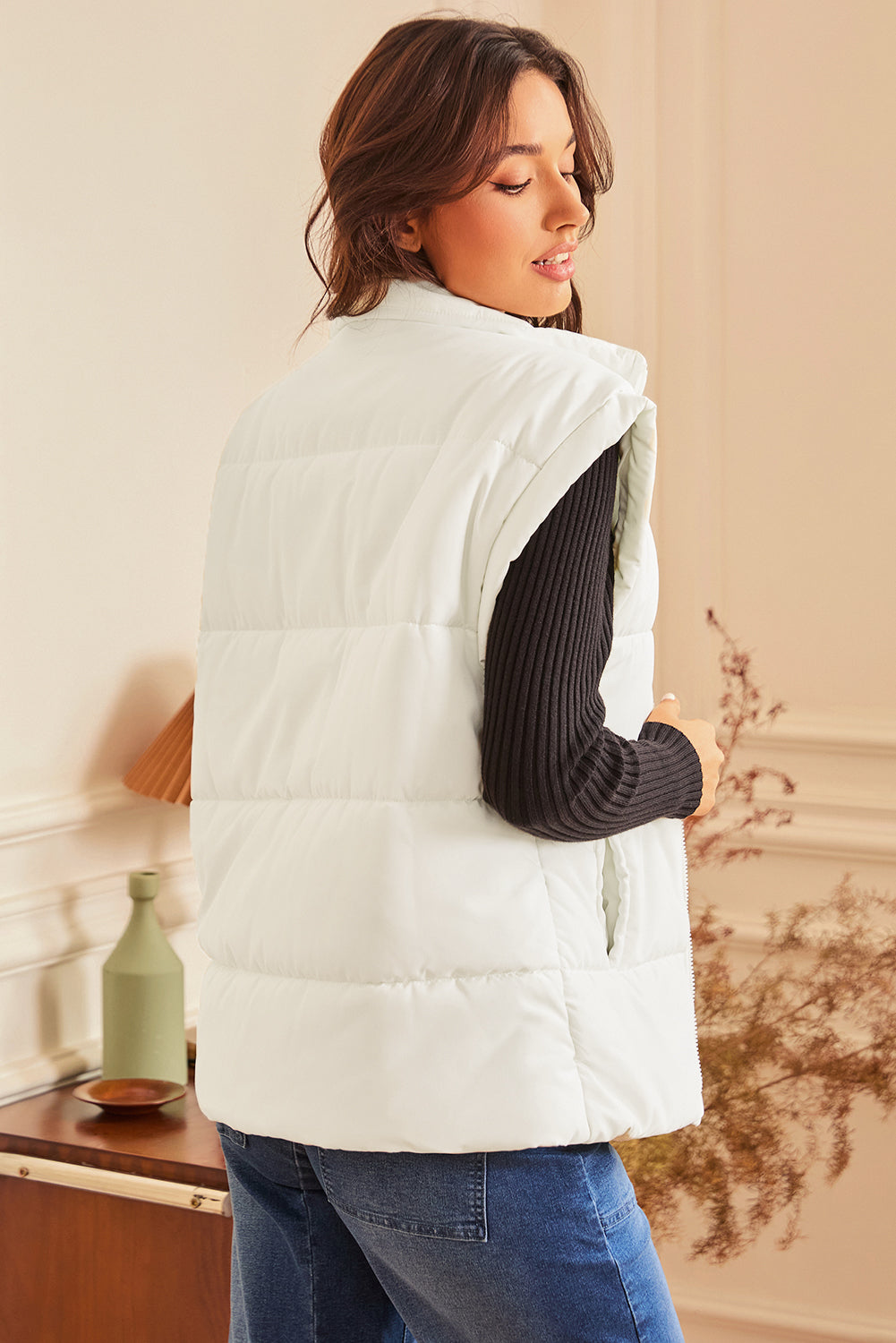 Beige Zipper Stand Neck Oversized Puffer Vest (Extended Sizes)