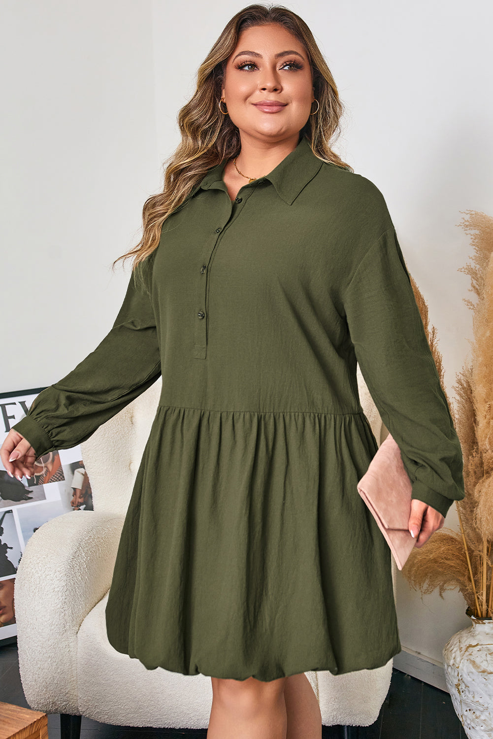 Four Leaf Clover Collar Half Button Long Sleeve Ruffle Hem Mini Dress