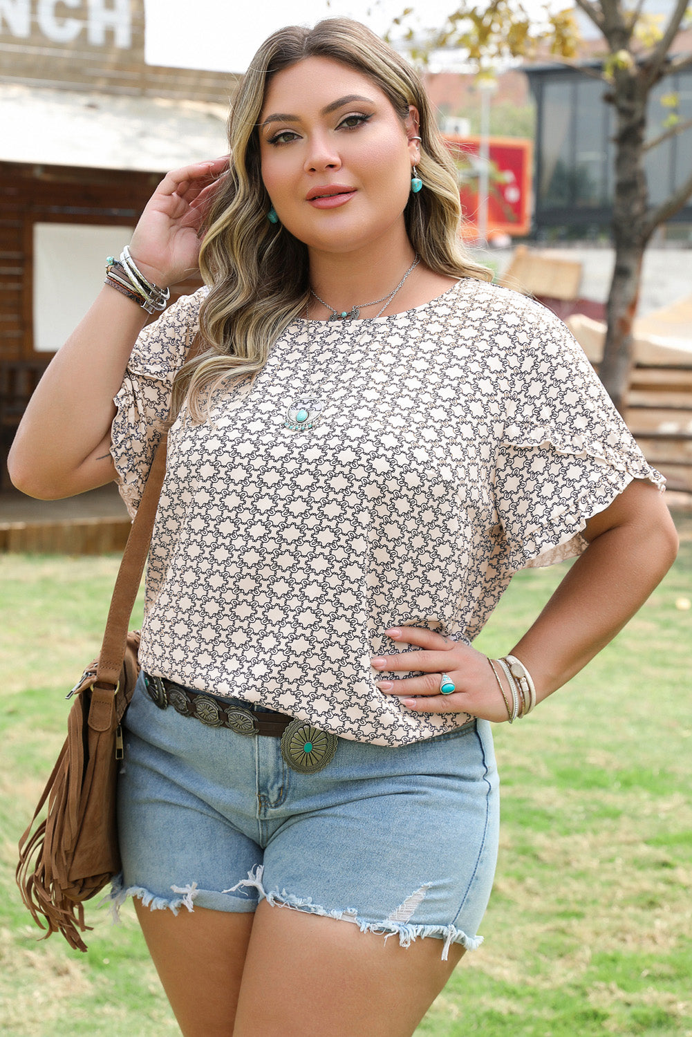 Khaki Geometric Print Ruffled Sleeve Blouse