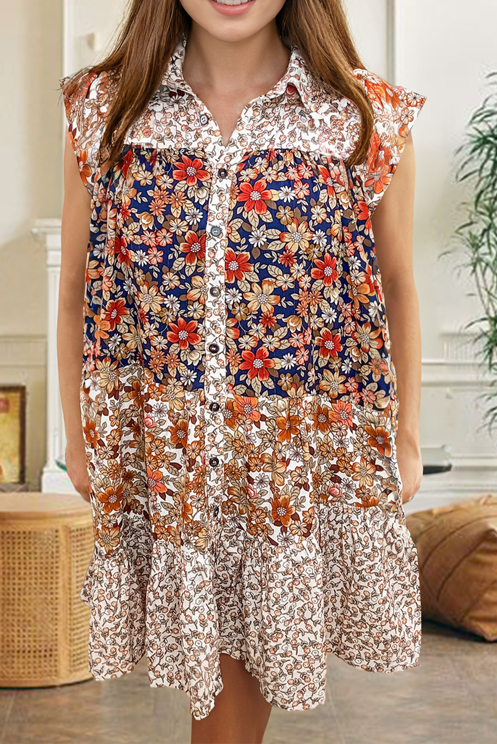 Beige Floral Patchwork Button Front Collared Mini Dress